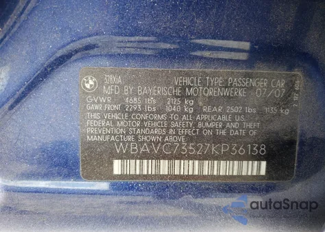 2007 BMW 328 Xi Sulev from USA, damaged, VIN WBAVC73527KP36138